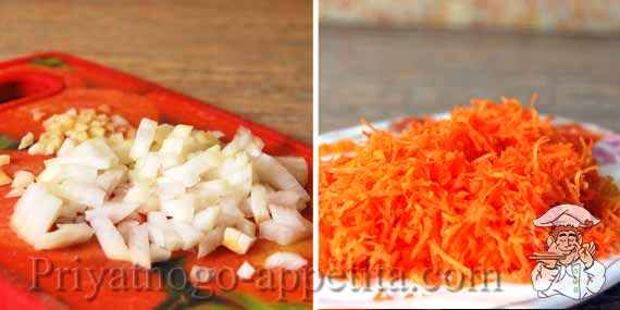 резаный лук с чесноком и морковью