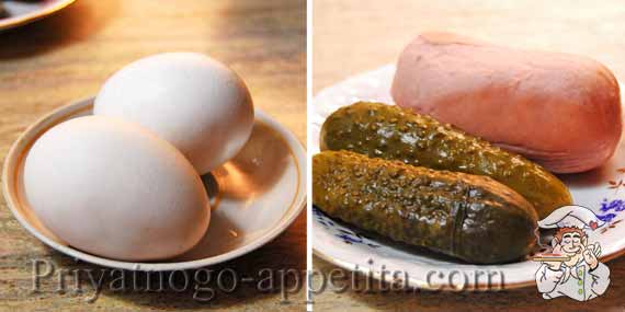 яйца, огурцы и колбаса
