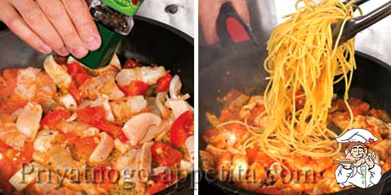 морепродукты и спагетти на сковороде