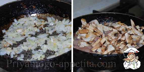 жареный лук с грибами на сковороде